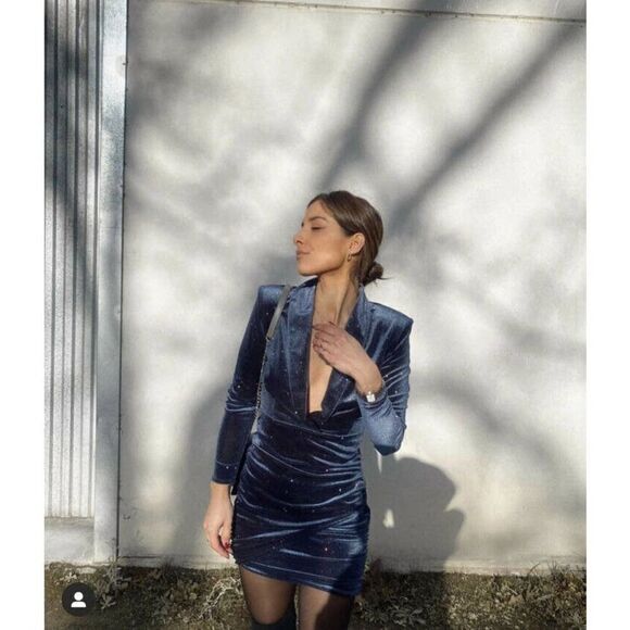 ZARA RUCHED SPARKLY VELVET DRESS GREY MINI - Picture 10 of 12